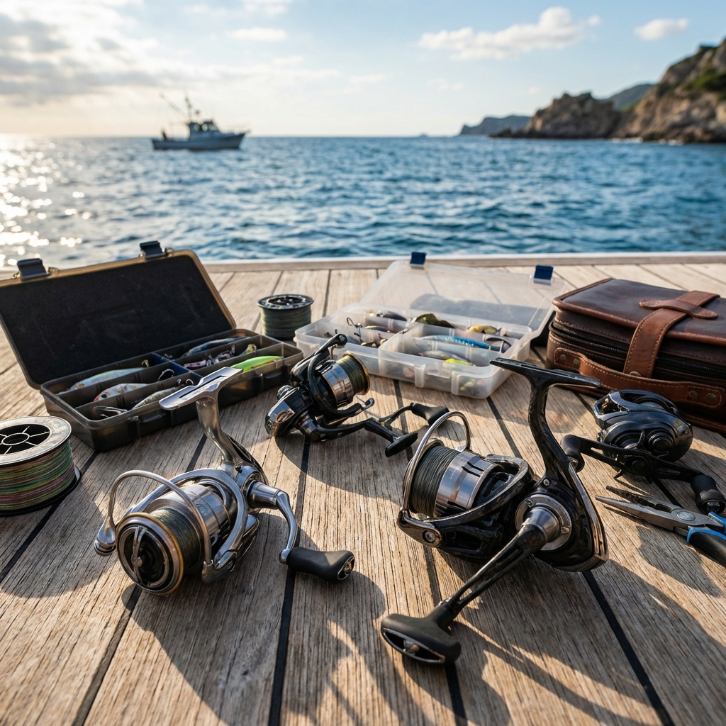 Professional fishing gear laid out on a wooden deck, high quality equipment, reels, lures, ocean background, premium photography